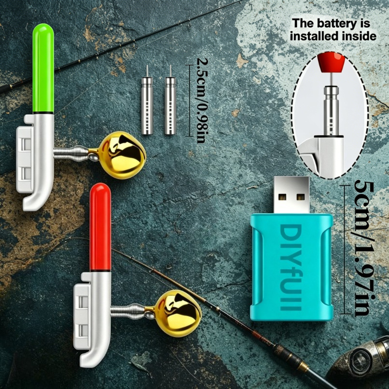 TEMU 5pcs Set, 2pcs Indicator Lights, 2pcs Rechargeable Battery, 1pc Usb Charger Cr425 Batteries Color-changing Rod Tip Lights, Bell Alarms, Fishing