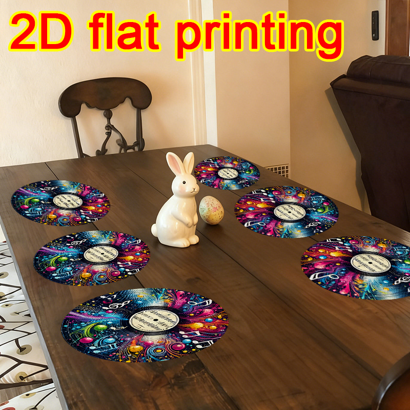 TEMU Set Of 6, Featuring 2d Retro Designs Of 80s And 90s Music Vinyl Records And Cassette Tapes, Round Placemats Measuring 38.1 Cm, Suitable For
