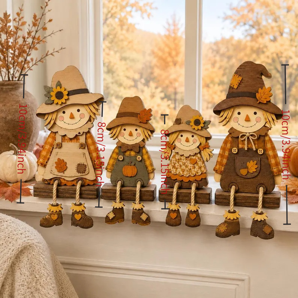 TEMU 2d Flat, 2d Flat- Set Of 4 Wooden Autumn Pastoral Country-style Tabletop Decorations, Featuring Hanging Leg Designs,, Goblin, And Turkey Shapes,