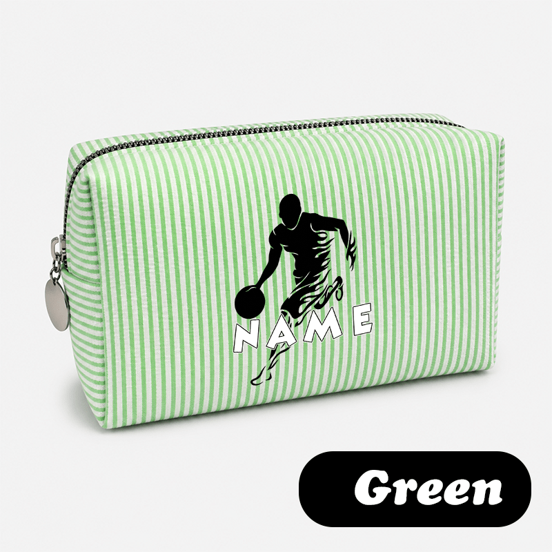 TEMU Basketball Player Silhouette Print - [custom Name] Striped Travel Toiletry Bag, Zippered Makeup Organizer, Personalized Printed Pouch, Suitable