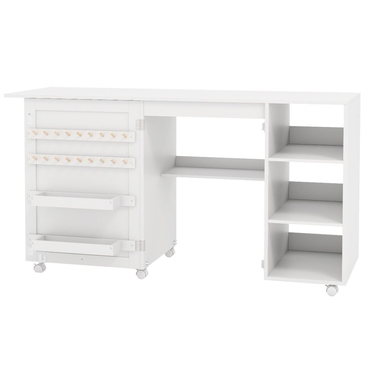 Image of Folding Office Table, With Storage Shelves, 18 Pegs And Hidden Bins, Portable Rolling Cabinet Craft Table With Lockable Casters, White