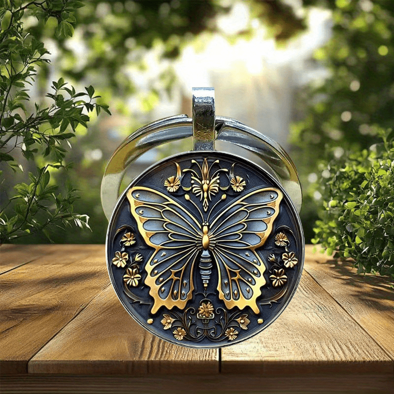 TEMU 2d Flat, A 2d Pattern Keychain, Featuring Black And Golden Butterflies And Flowers, Is A Creative Gift Idea Suitable For Bags And Cars. It Has A