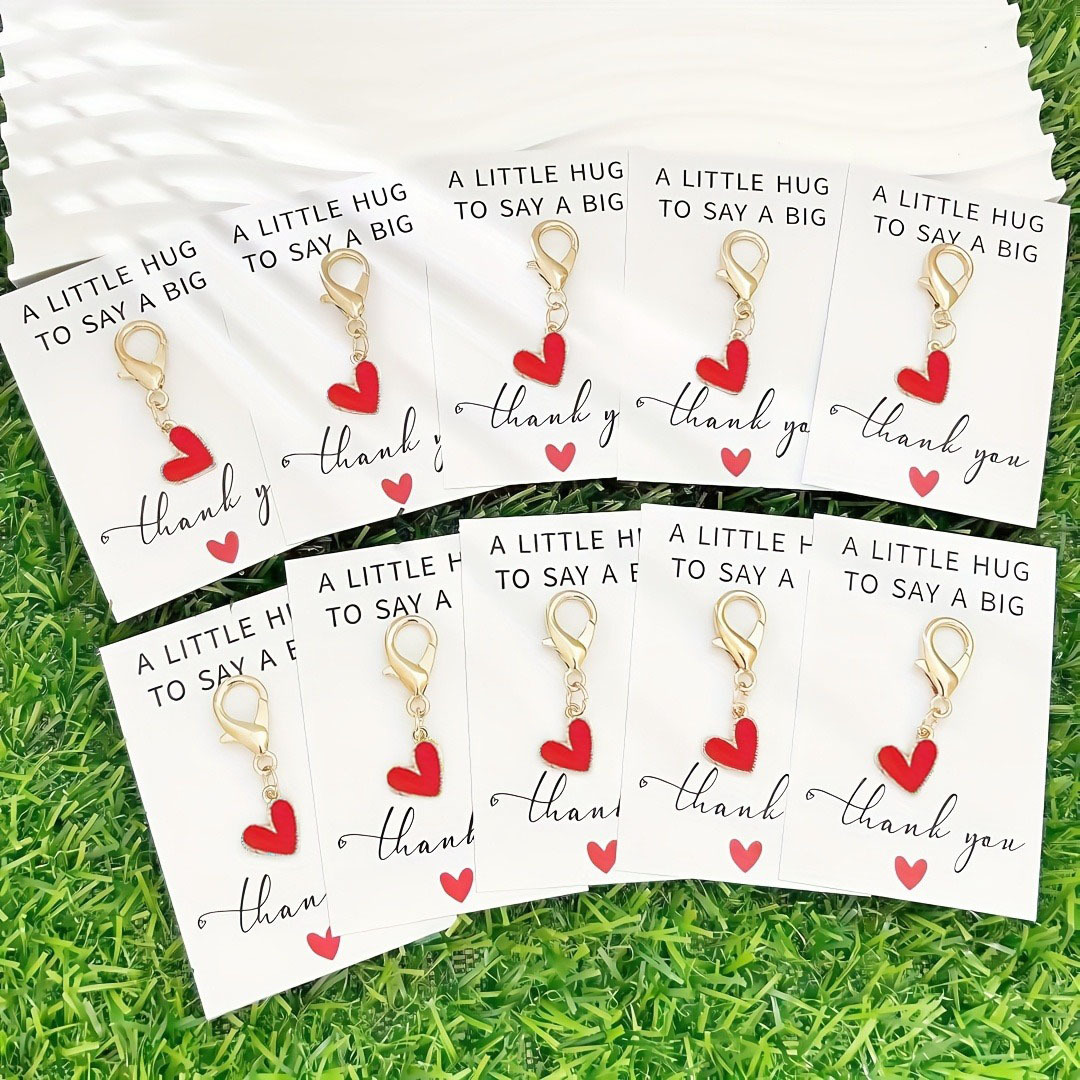 TEMU 20pcs Set Including 10 Keychains + 10 Cards, Golden Alloy Heart-shaped Keychain Set For Women - Heart Pendant With Thank You Card - Lobster