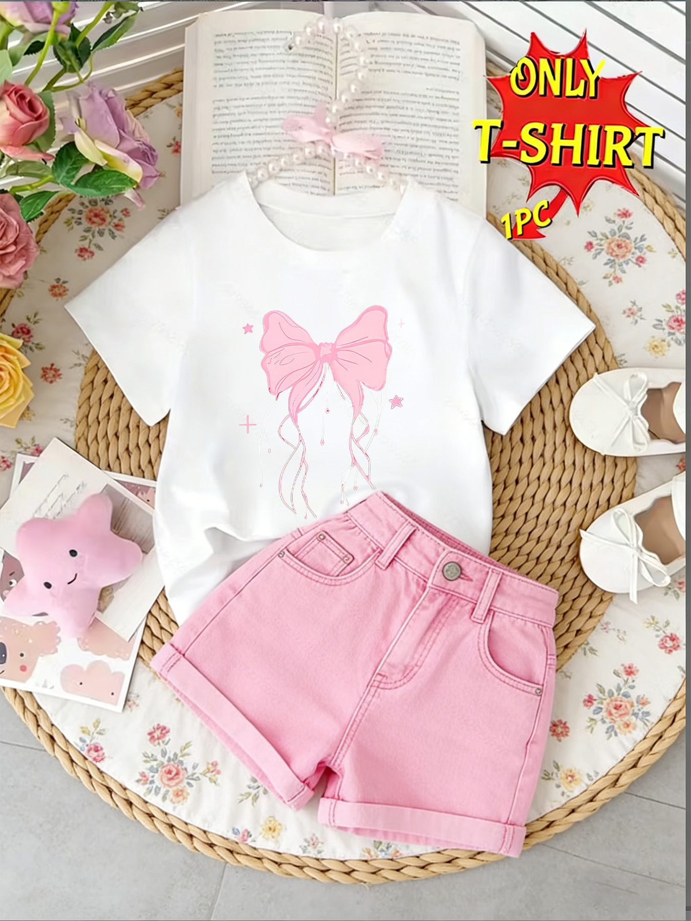 girls single piece sports t shirt quick dry knit casual top with pink bow print suitable for parties playgrounds and casual wear machine washable medium stretch fabric a fashionable glitter piece for  