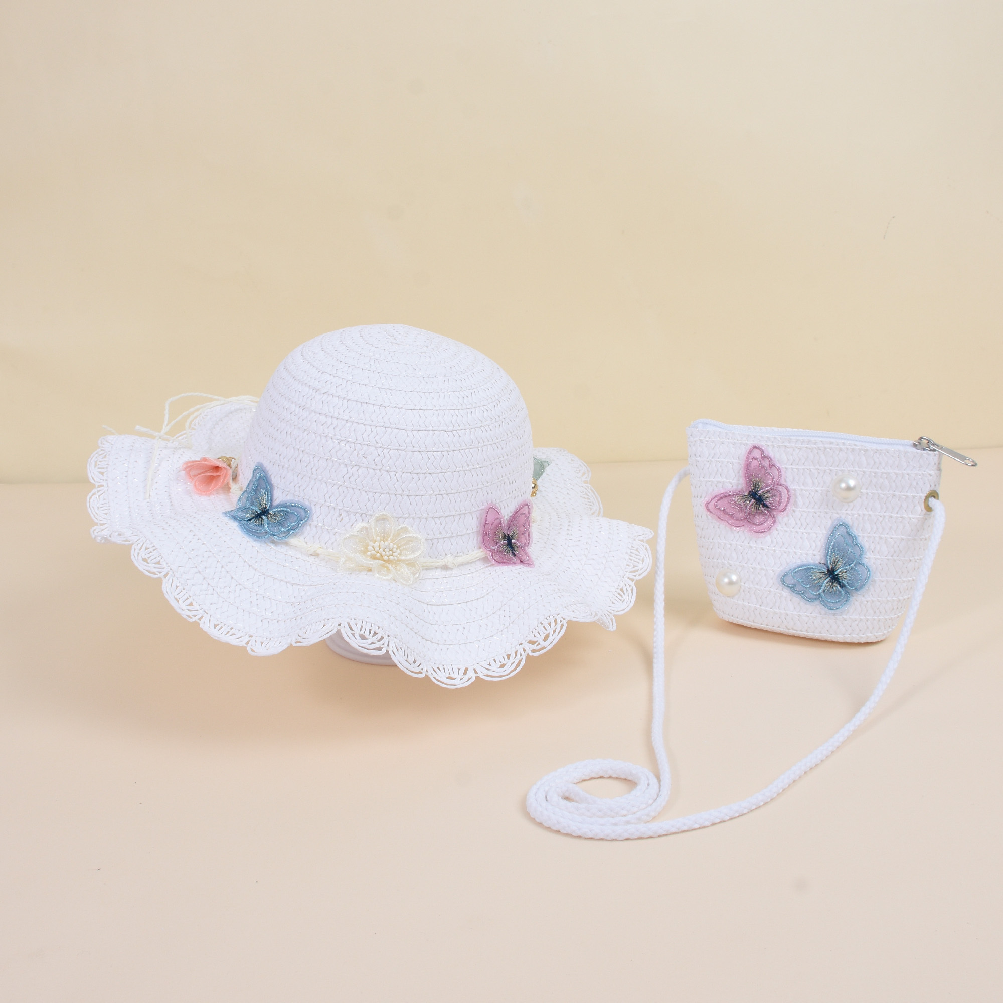 E-shop 2er-Set: Mädchen-Frühling/Sommer-Set mit Schmetterlings-Strohhut Umhängetasche, Kinder-Outdoor-Sonnenhut Umhängetasche, Kinder-Sommer-Strandhut,