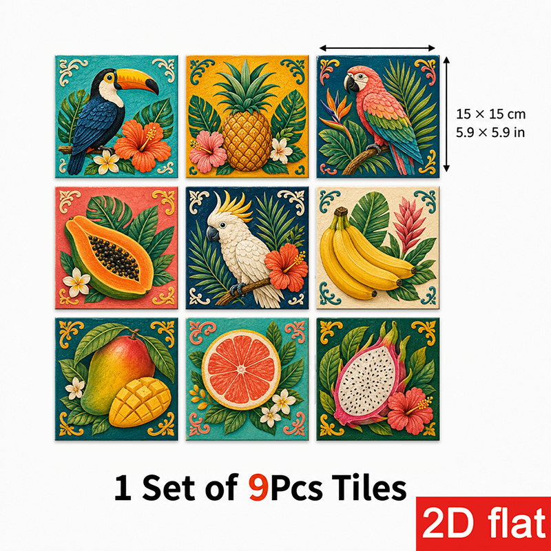 TEMU Stickers de carreaux de schiste 2D plats 9 pièces 15X15Cm (5.9X5.9In) à et coller, carreaux muraux, motif de et floraux pour de cuisine et