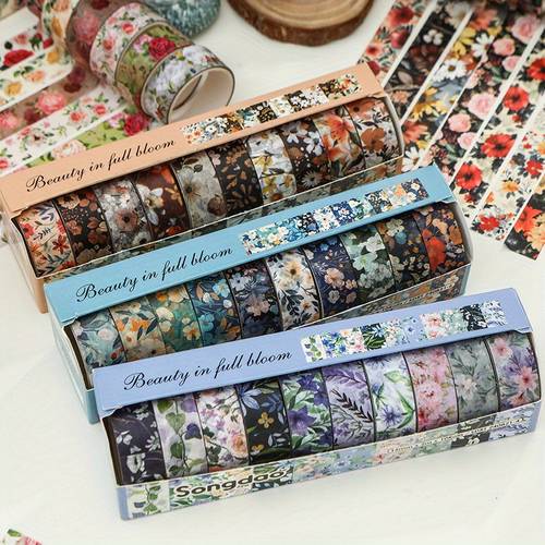 a set of 10 rolls of vintage floral themed washi tape featuring aesthetic floral patterns decorating journals photo albums scrapbooks and crafts each roll 5 cm wide and 2 meters long