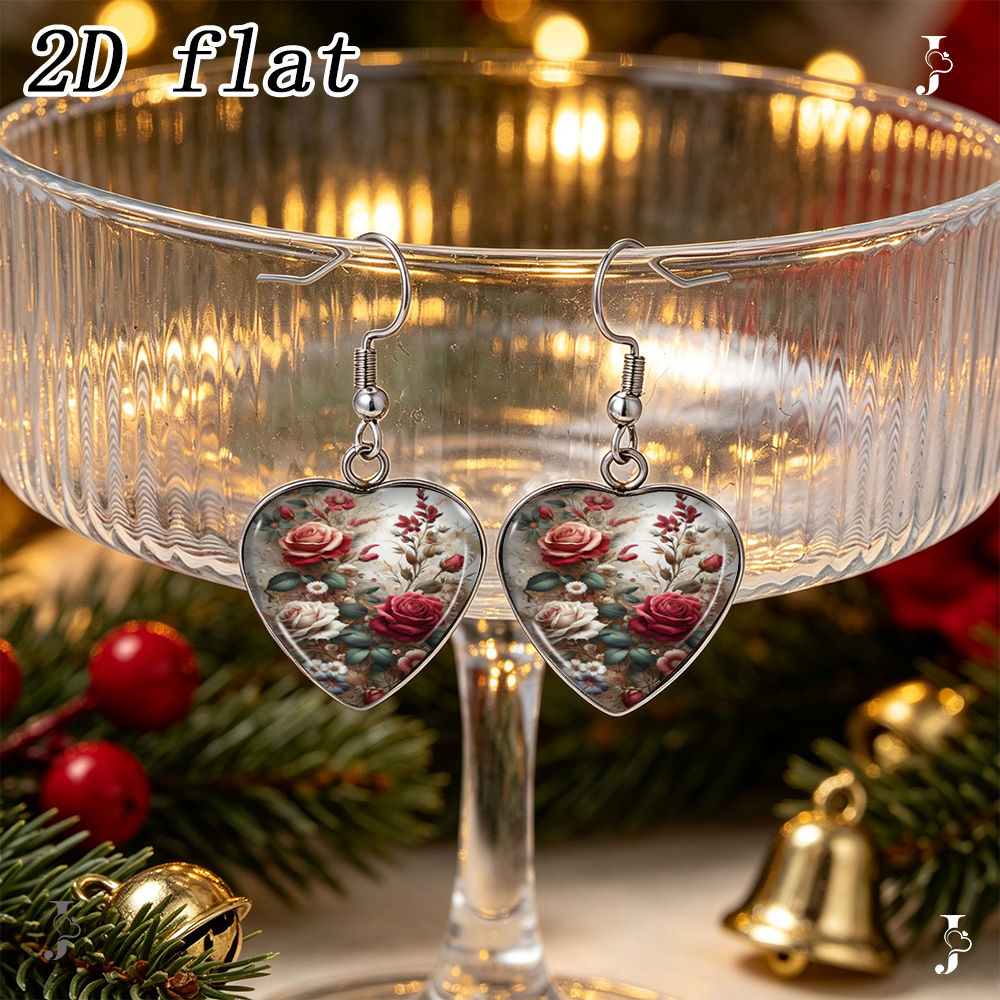 Vintage Red Rose Floral Pattern Heart Earrings, Handmade Glass