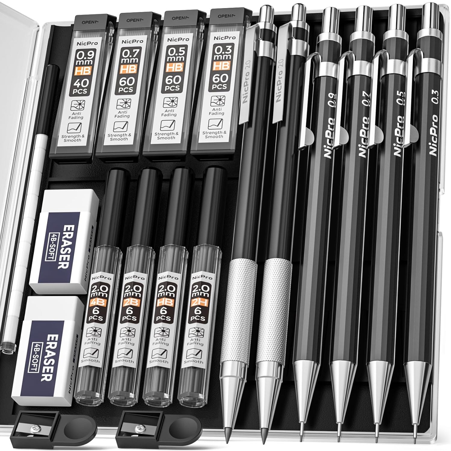 Image of 6pcs Art Mechanical Pencil Set, Black Metal Drafting Pencil 0.3, 0.5, 0.7, 0. & 2pcs 2mm Graphite Lead Holder(4b 2b Hb 2h) For Writing Sketching Drawing With 8 Lead Refills Eraser Case