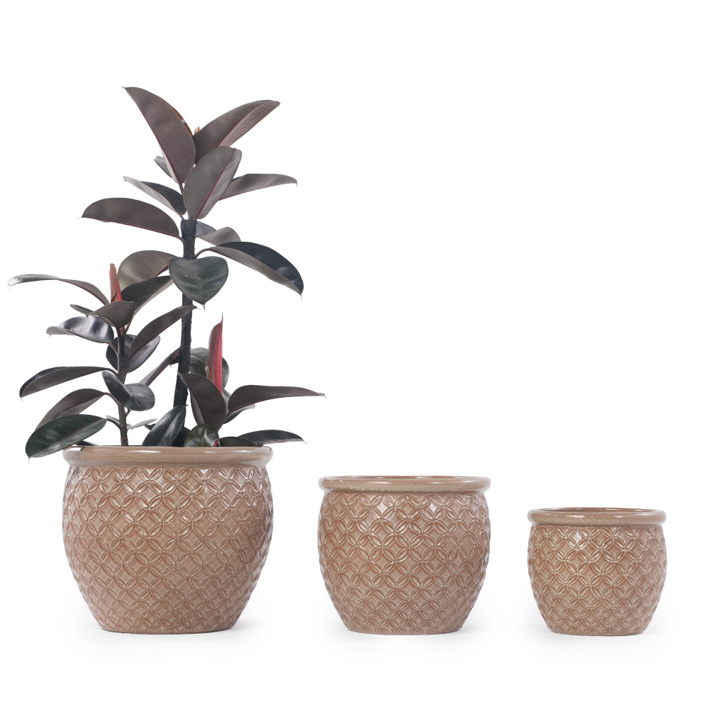 Handmade Ceramic Flower Pot Set, 3pcs (Diameters 38.5/30.5/23Cm), Light Beige, Decorated with Coin-Pattern Relief, Breathable, Frost-Resistant, with Drainage Holes at The Bottom, Suitable for Gardens And Balconies. gardening gift home decor