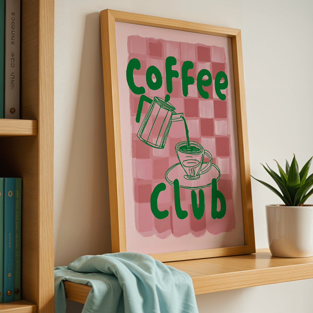 E-shop ., Retro Kaffee Club Leinwandbild | Niedlicher rosa und grüner Kunstdruck, einzigartige und kreative Wanddekoration, perfektes dekoratives