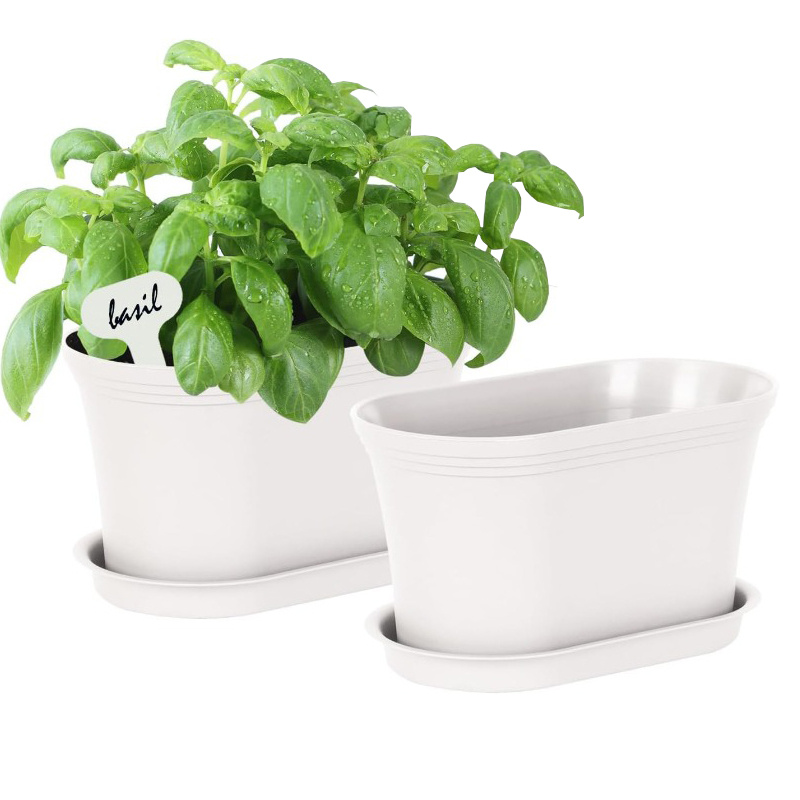 Image of 2pcs Pack Modern Oval Plastic Planters With Drainage Hole & Tray - Indoor/outdoor Suitable For Succulents, Herbs, - Heavy-sided -standing Flower Pots, Ideal For Windowsill, Balcony