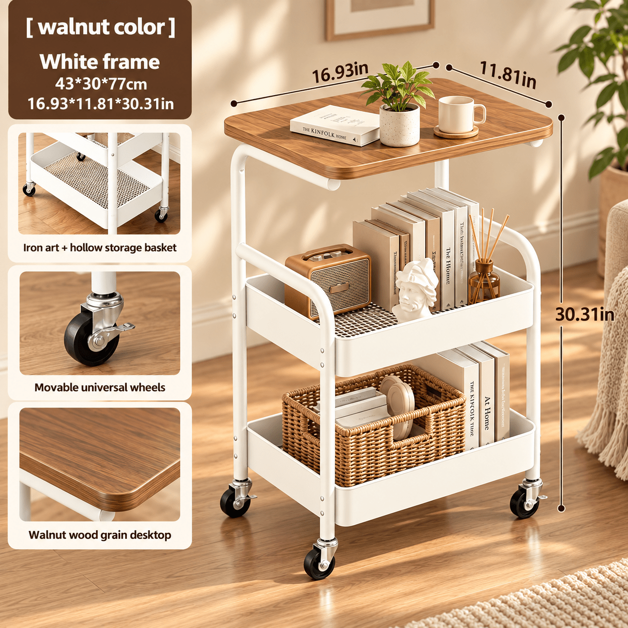 TEMU Three-tier Metal Utility Cart, Metal Storage Rack, Rolling Cart With Wooden Tabletop, Multifunctional Storage Rack With Wheels, Durable ,
