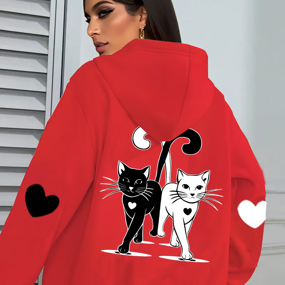 

Women's Cute Cat Print Hoodie, Polyester 100% Knit Fabric, Casual Zip-up Sweatshirt With Pockets, Fall/winter Hooded Jacket, With Alphabet Pattern, 250gsm