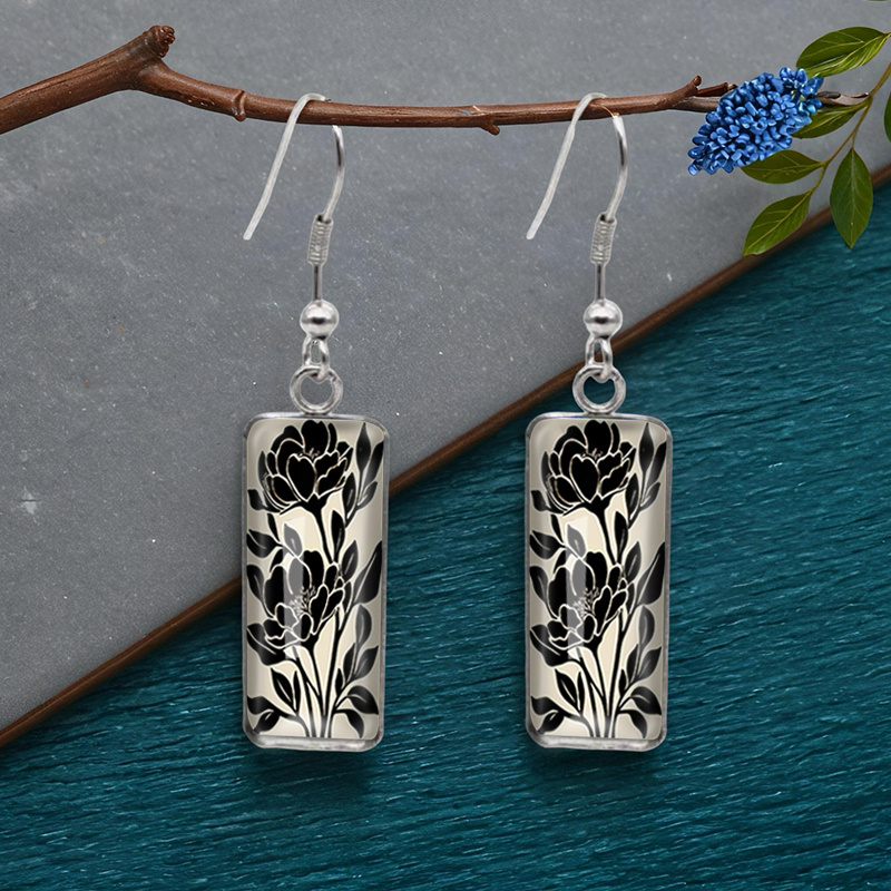 TEMU 1 Par de Aretes Rectangulares con Flores Negras Estampadas, Aretes Colgantes de Moda, Joyería de de Vidrio Hechos a