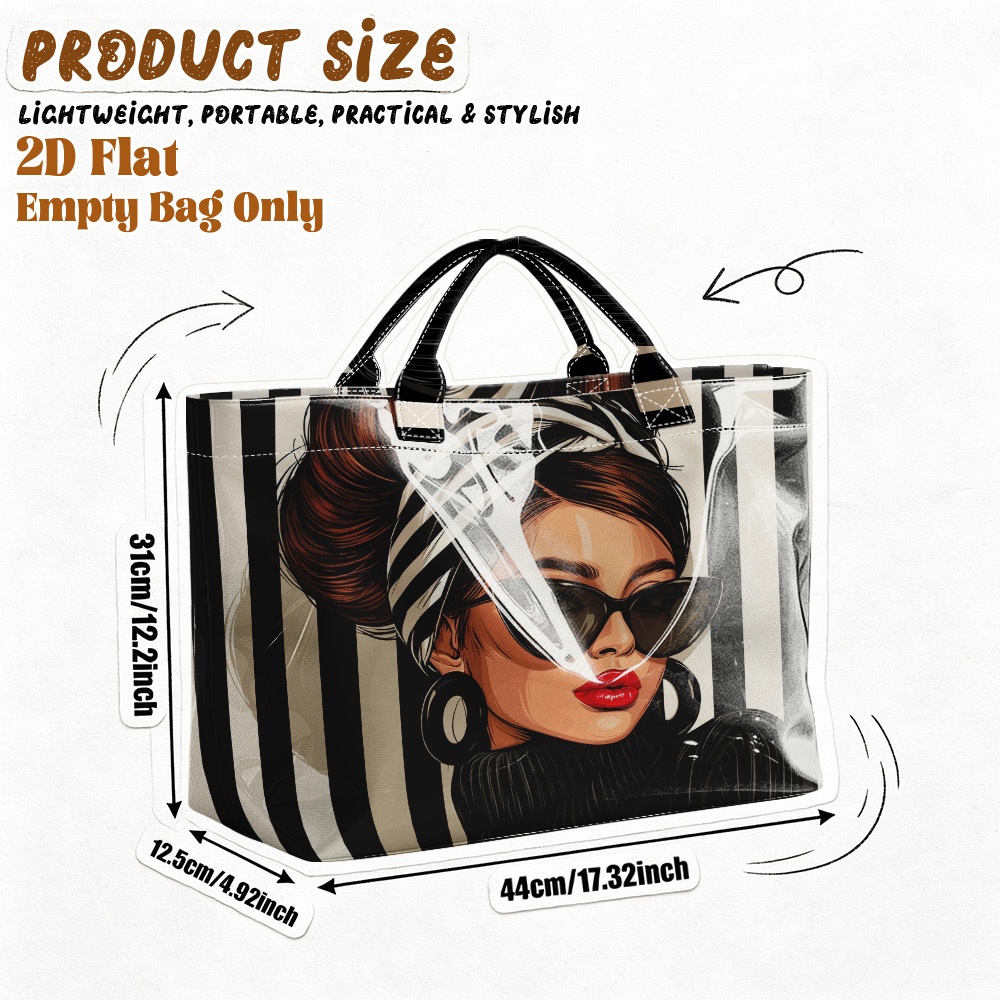 TEMU 2d Flat Printing-1pc Retro Portrait Design Pvc Reusable Grocery Bags, Handbag With Strong Handles For Travel And Beach, 2d Flat