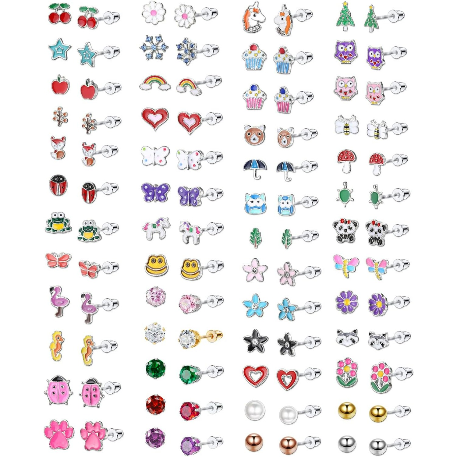 Image of 51pairs Earrings For Women Small Stud Earrings Set With Hypoallergenic Stainless Steel Ear Needles, Coloured Animals Star Earrings Jewellery Gifts