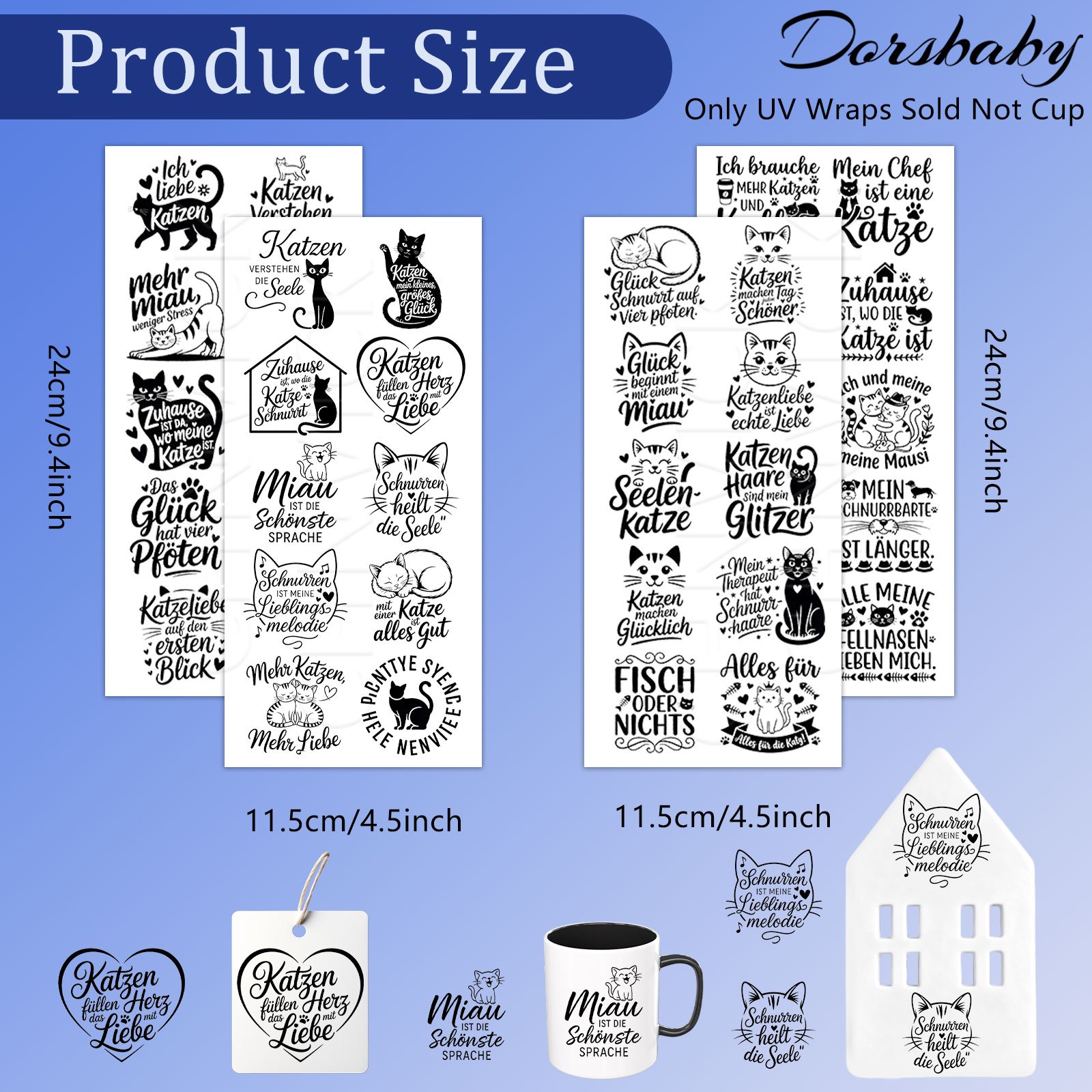 Image of 40pcs German Cat Quote Rub On Transfers | Uv Dtf Transfer For Coffee Cups & 16oz Glass Cans, Permanent For Personalized Mug Making, High Art Craft Supplies, Great (no Mugs, Only Transfers) - Dorsbaby