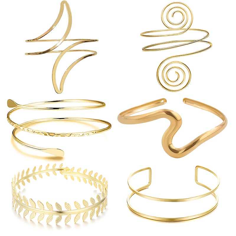 Image of 6pcs Adjustable Bohemian Bracelet Set Suitable For , Elegant Swirl & Geometric Arm Cuff Jewelry, Unisex Wristbands For Parties, Daily Wear, Gift, Wear With ( Golden Layered)