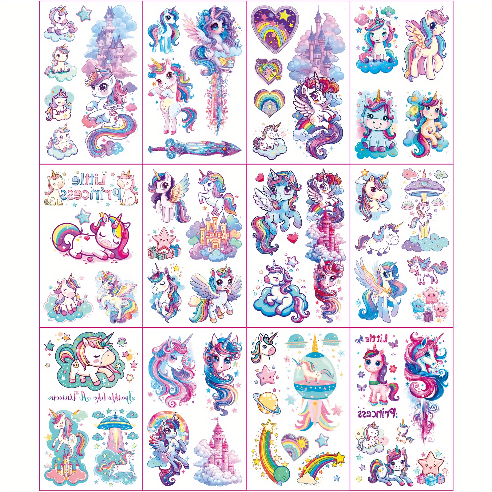 Image of Set Of 12 Shimmering Unicorn Temporary Tattoo Stickers Featuring Adorable Designs, Waterproof And Perfect For A Whimsical Touch