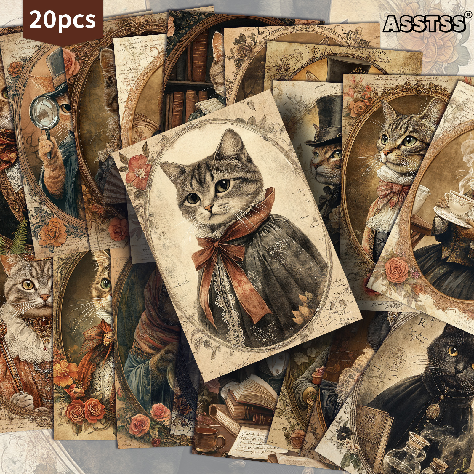 Image of 20-pack Asstss Cat Gift Card - 4x6 Inches Junk Journal Paper, Classic Pinup Illustrations Collectible Decorative Painting Cards For Scrapbooking & Crafting