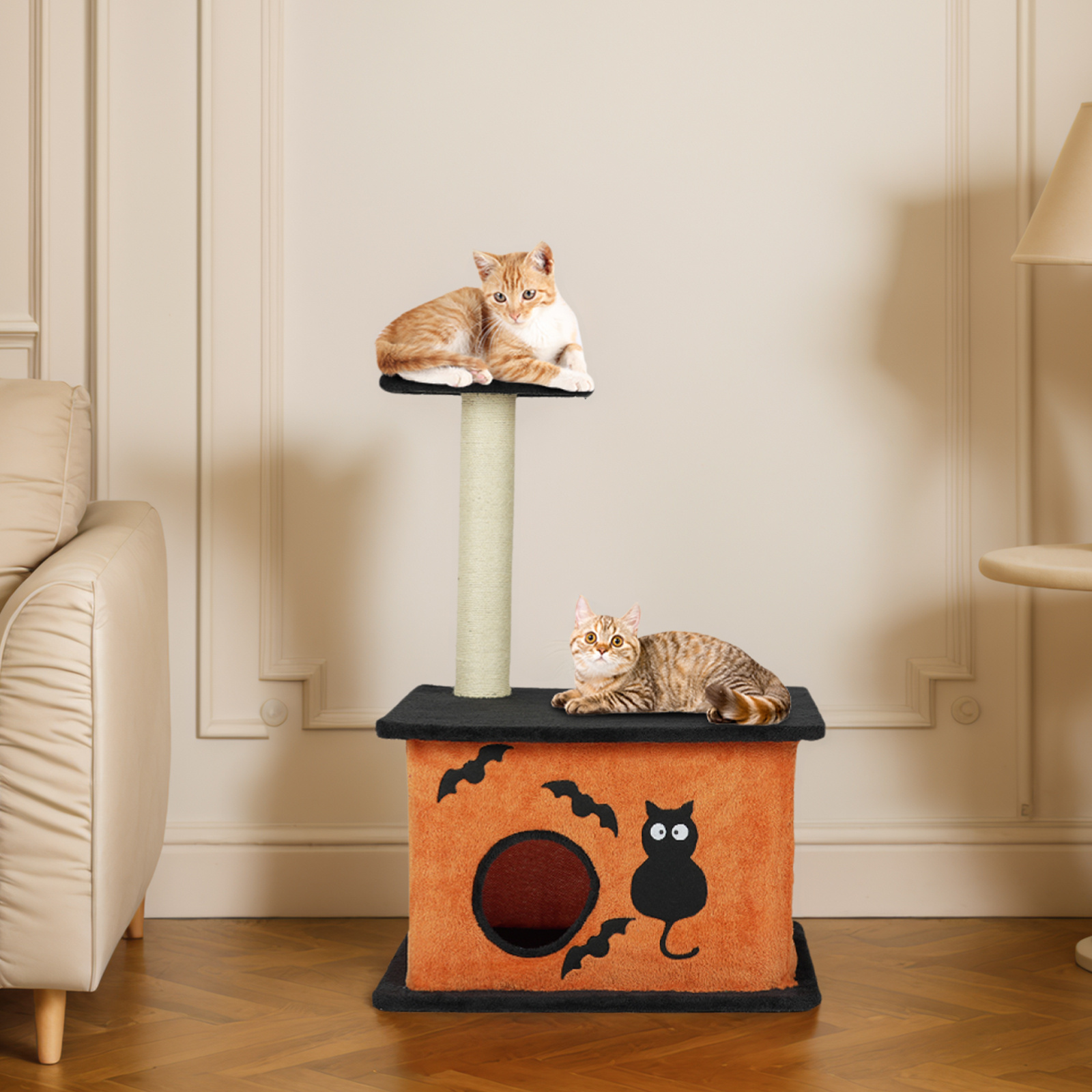 halloween pumpkin shaped cat tree, spooky witch black cat tower
