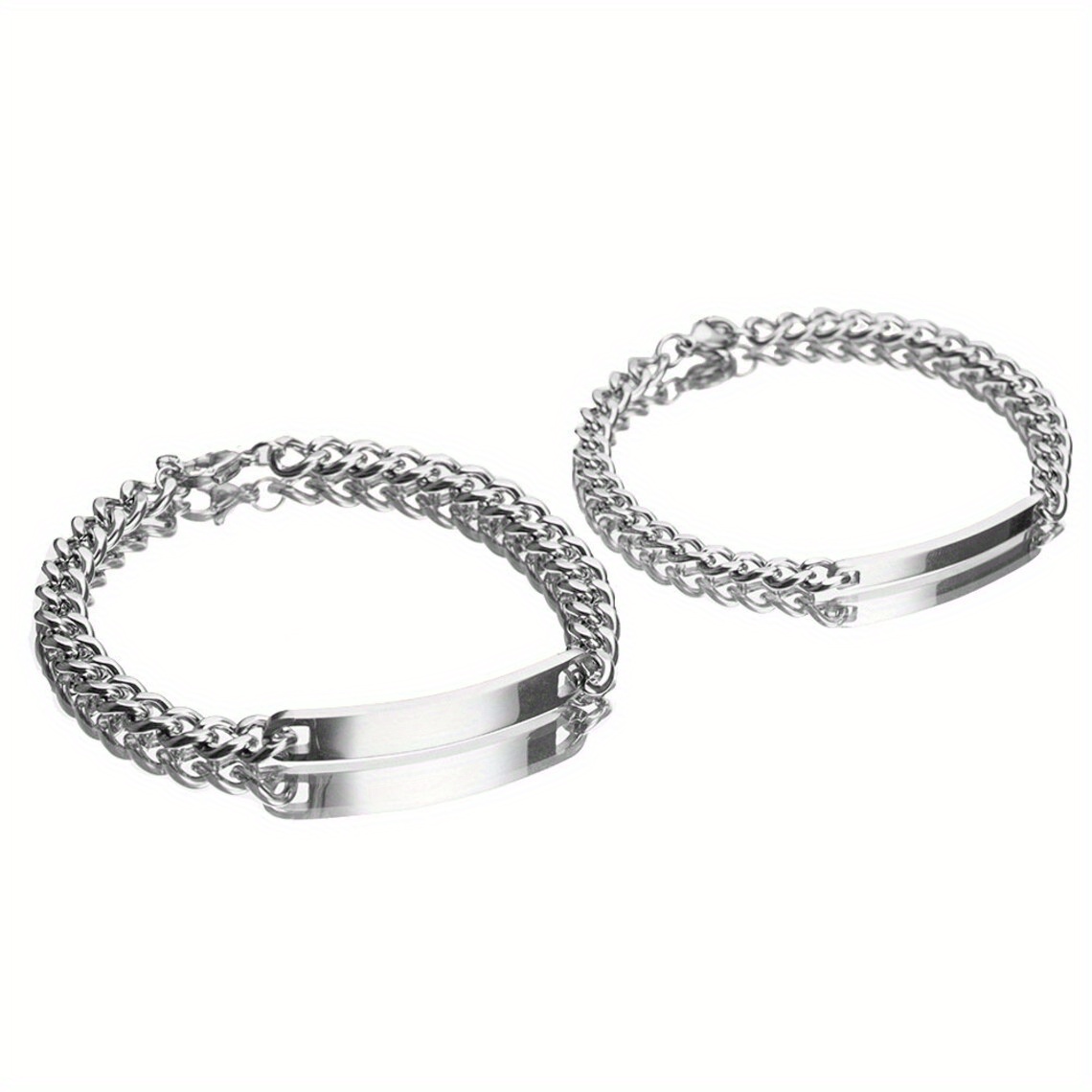 Image of Personalized Stainless Steel Couple Bracelets Set - Custom Engraved Name Plate Chain Link Adjustable Matching His And Hers Id With Heart Charm For Lovers, Anniversary & Valentine's Day Gift