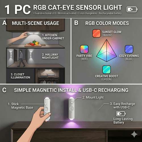 dual head cat eye motion sensor wall light multi color rgb gradient dual smart automatic shut off long gift for 36 holidays usb rechargeable wireless decor room decoration