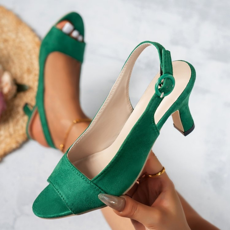 Image of Extended Sizes Women's Flocked Material Ankle Strap Toe Slingback Block Heel Sandals, Chic Mid Heel, All-match For Casual Shopping, Friend Party, Date Night& Semi-formal Occasion, Women Shoes