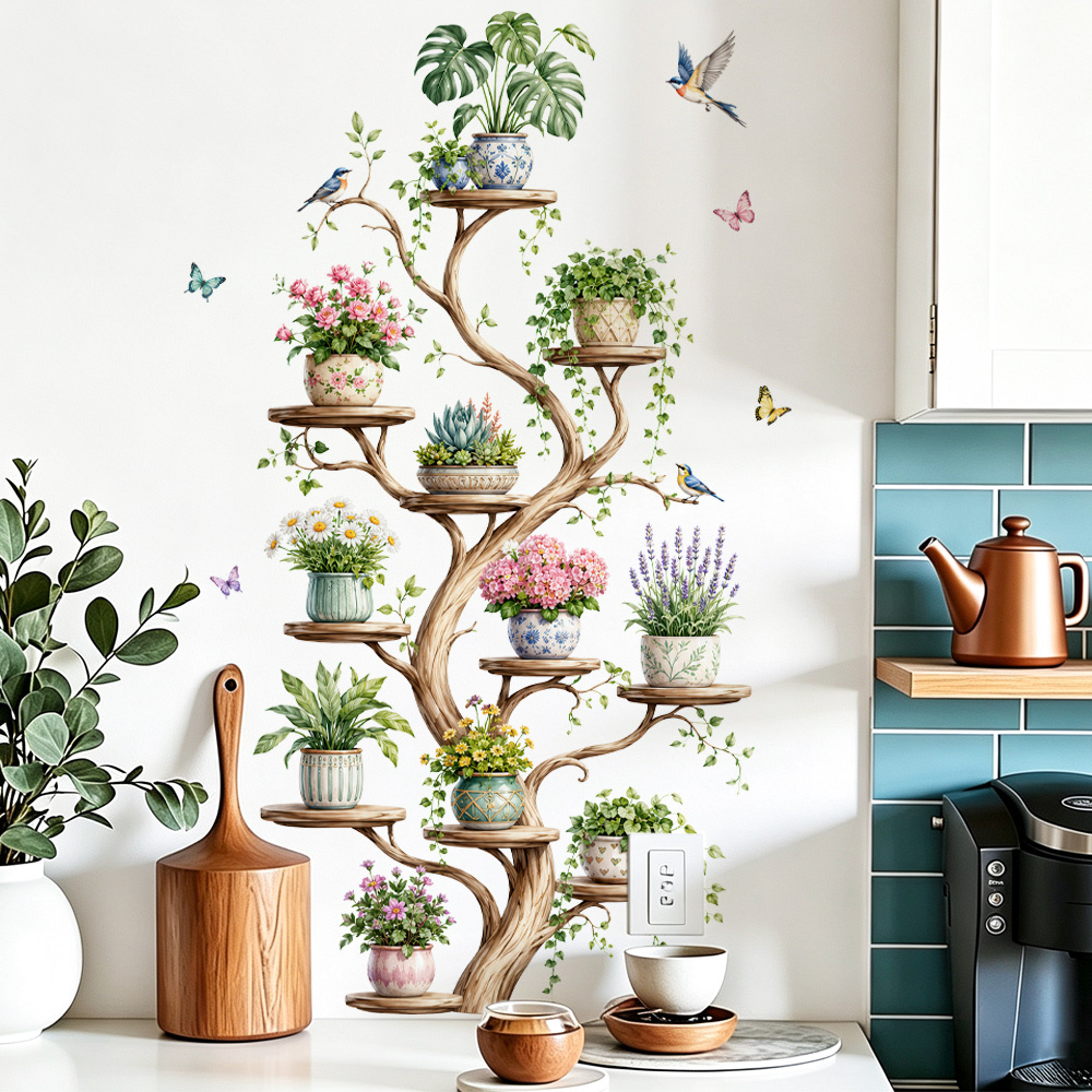 TEMU Tree-shaped Shelf Green Plant Flying Bird Combination Wall Sticker Bedroom Living Room Wall Removable Atmosphere Self-adhesive Mural