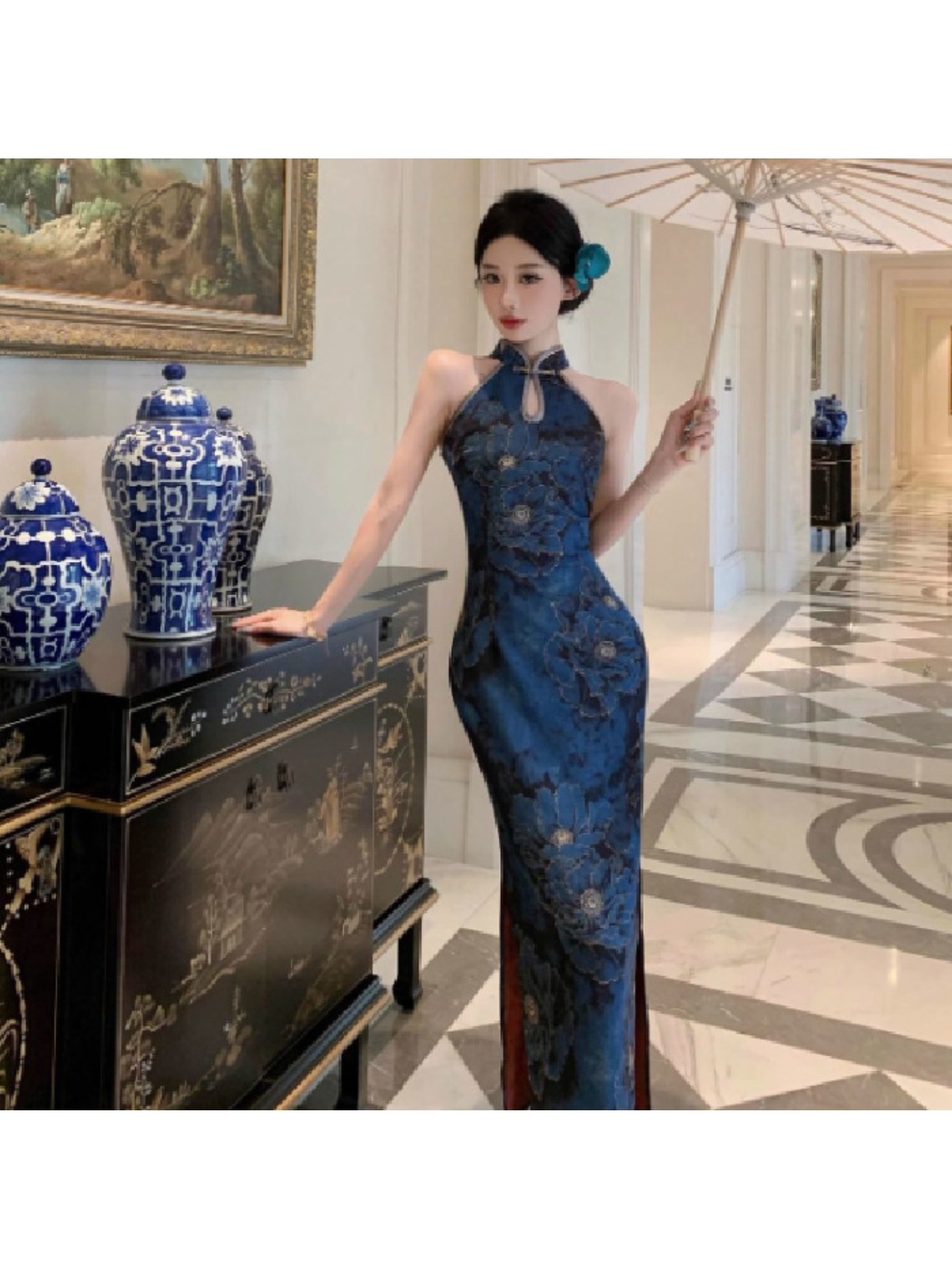 royal blue and yellow dress combination Yu Bai Xin Qingshan Line New Chinese Style Blue Butterfly Dress Set Green dress, Tencel jacquard / Small size