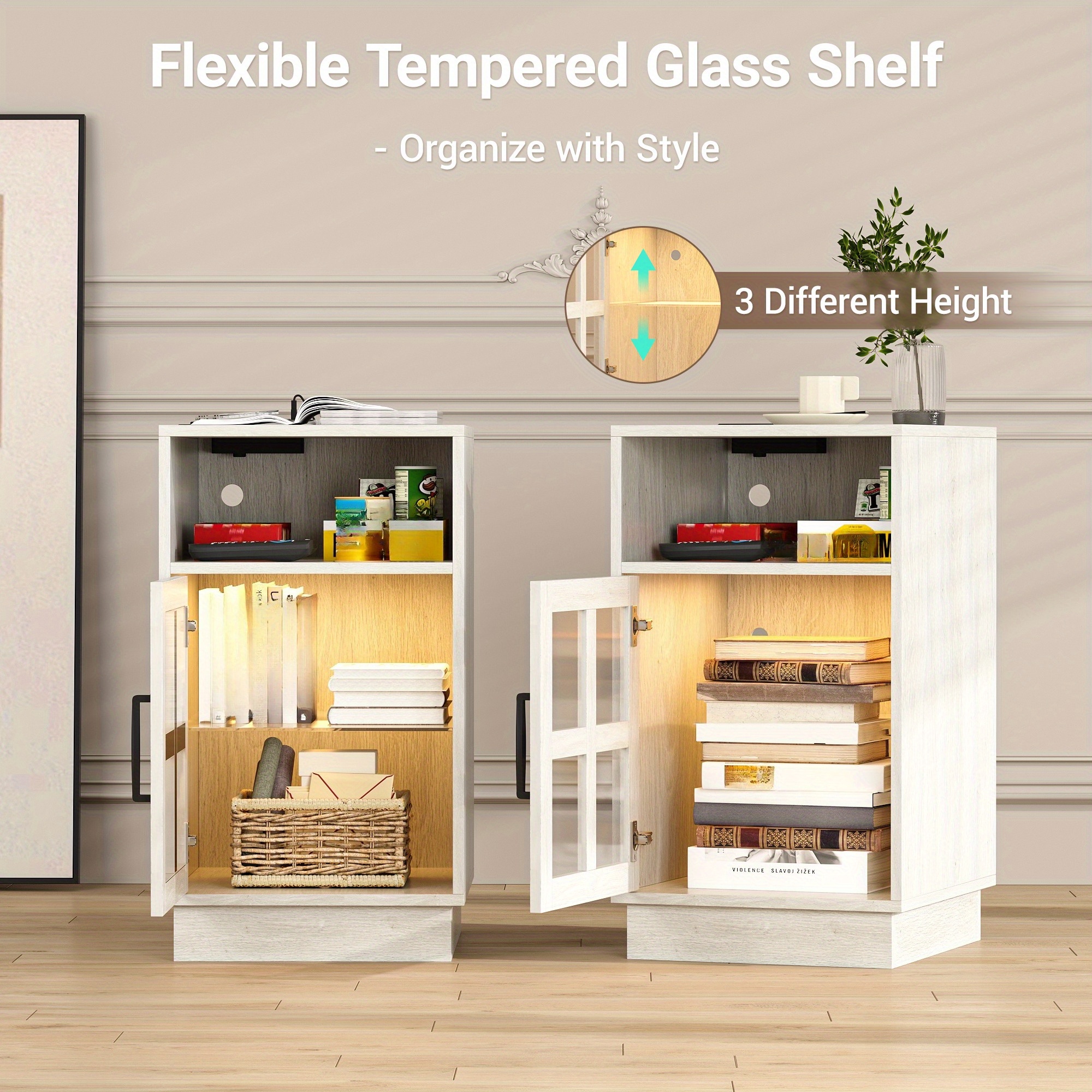 End Tables for Living Room with Charging Station & LED Light, Nightstand with Glass Door & Adjustable Shelf, Bedside Table with USB Ports, Modern Storage Cabinet for Bedroom, Black Smart Side Table