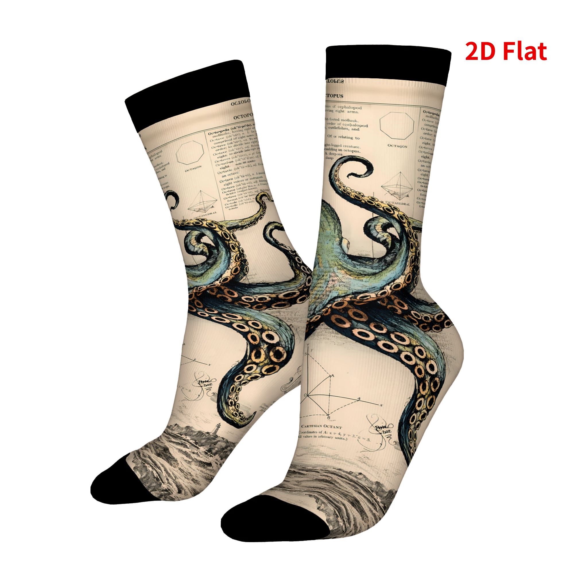 TEMU Retro Octopus On An Old Dictionary Page 2d Print Design Men's Novelty Socks Vintage Crew Socks For Casual Wear