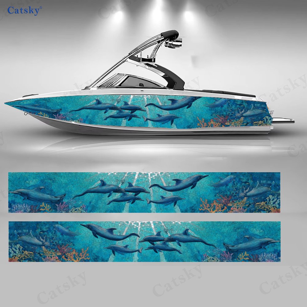 2pcs 2D Flat Stickers Deep Sea Style Whale Group Boat Body Sticker