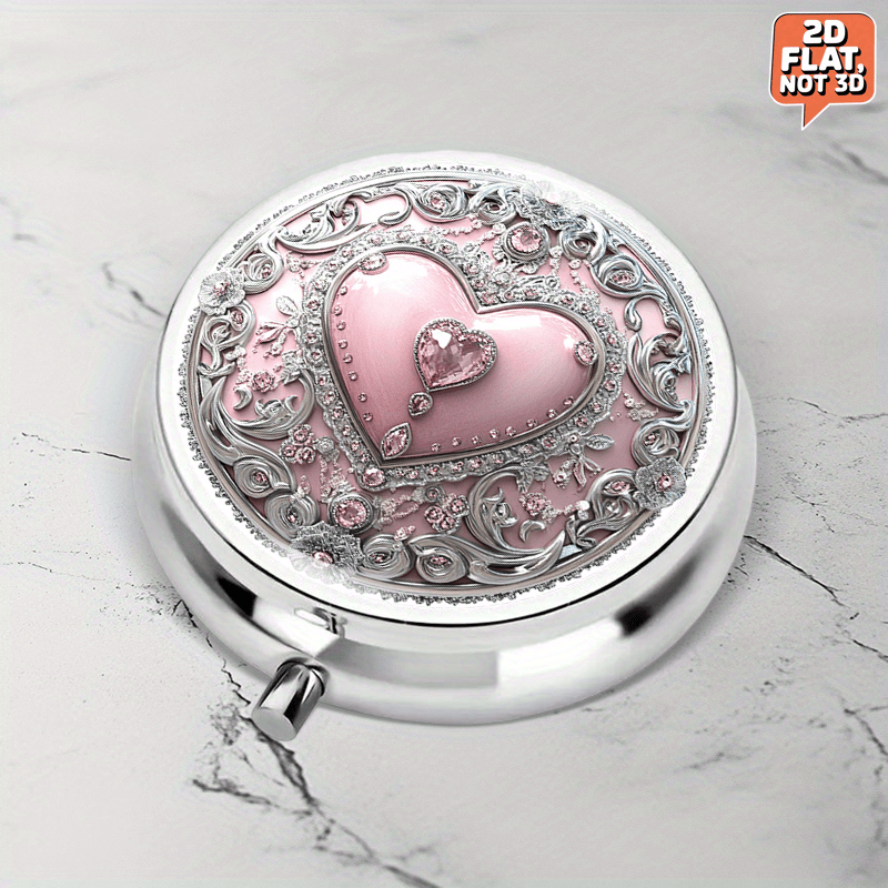TEMU A Single Piece Of A Two-dimensional, Portable Round Metal Pill Container Featuring A Detailed Heart Pattern And Shimmering Gems, Perfect For