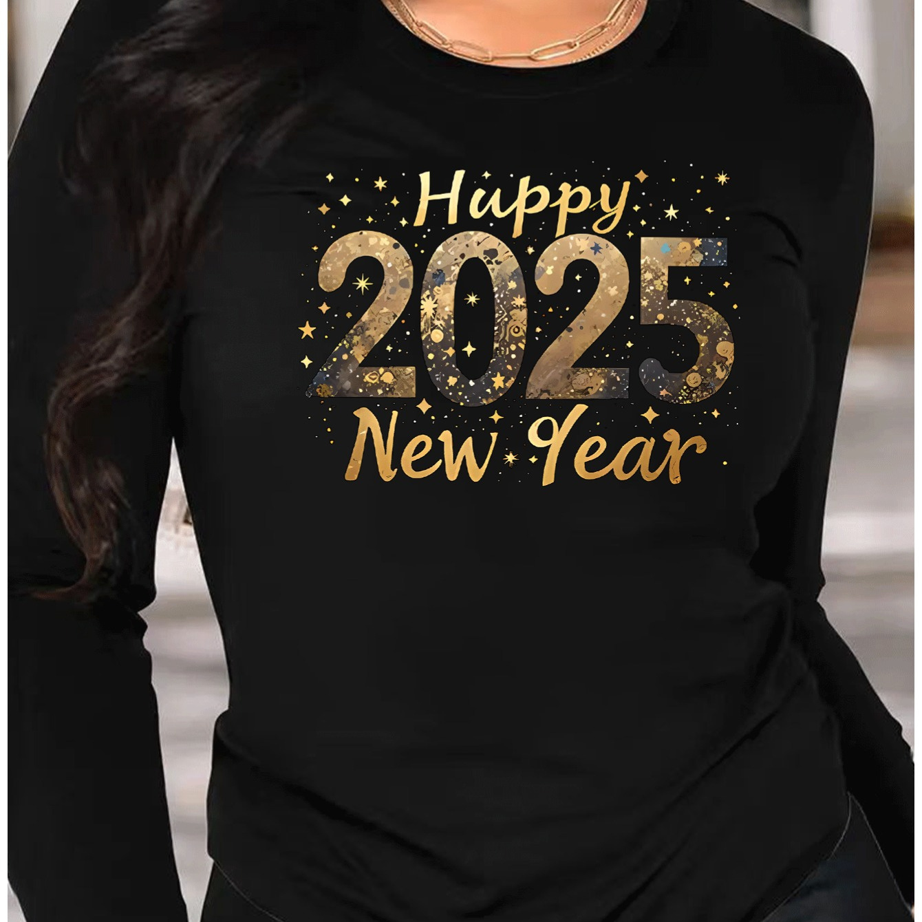 

Happy New Year 2025" Golden Glitter Graphic Long Sleeve T-shirt - Casual Crew Neck, Women', Stretchy Polyester , Machine Washable - , Happy New Year T Shirt