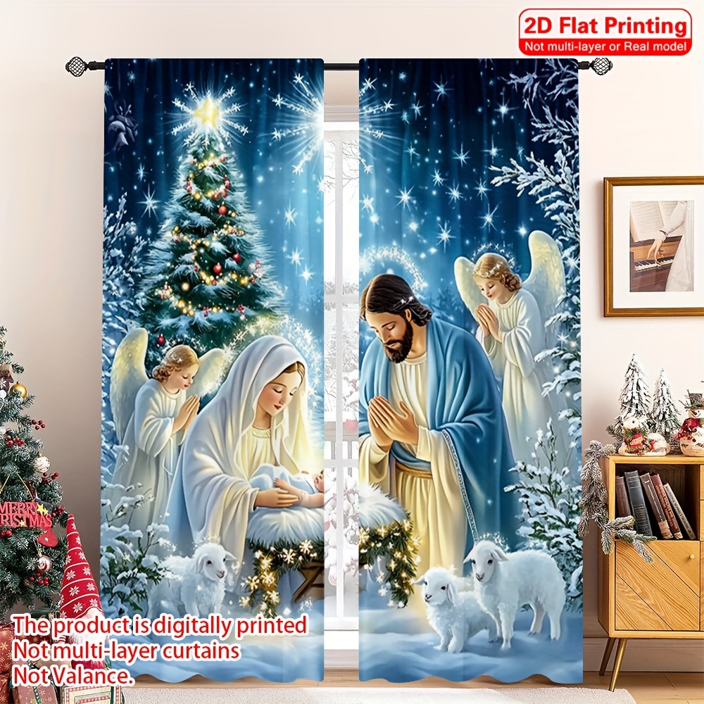 TEMU 2d Flat, 2d Printing 2pcs Festive Christmas "jesus Was Born" Curtains - Printing, Rod Pocket Window With Starry Night & Scene, Semi-transparent
