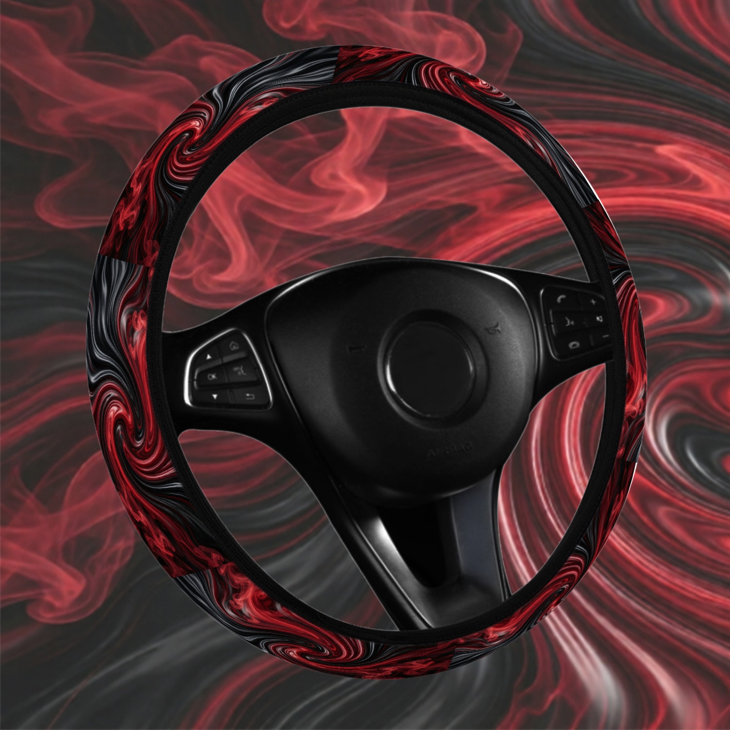 TEMU Black And Red Fluid Pattern Universal Car Steering Wheel Cover With Printed Design - Single Unit - Fits Various Models - Fun, Comfortable, And