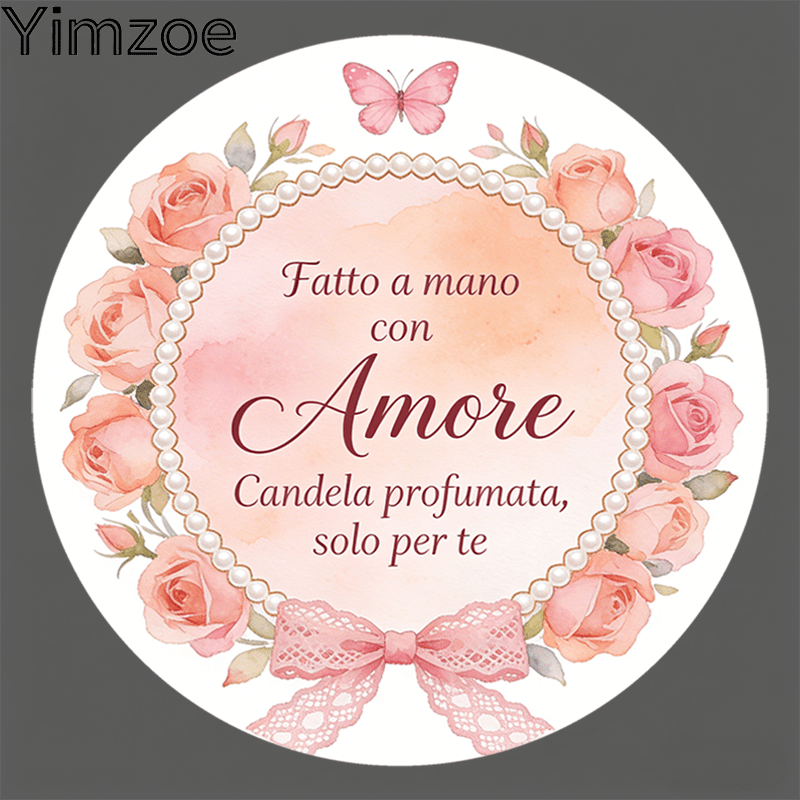 TEMU Yimzoe 96pcs/288pcs Handmade Love Round Stickers - With " A Con Amore Candela , " Text, Watercolor Pink Rose & Design, Perfect For Packaging,
