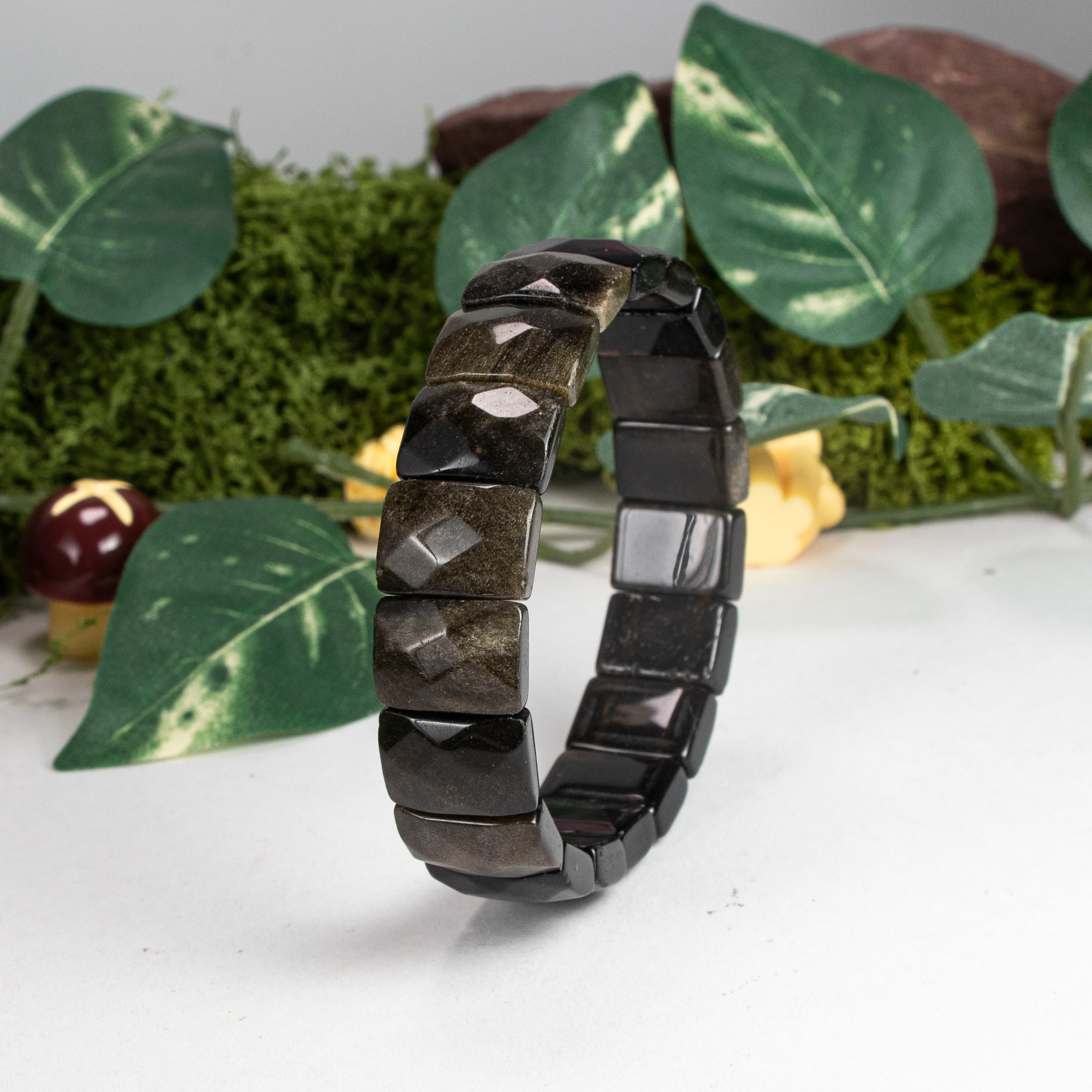Natural Golden Obsidian Wide Bangle Bracelet, Handmade Bohemian Style