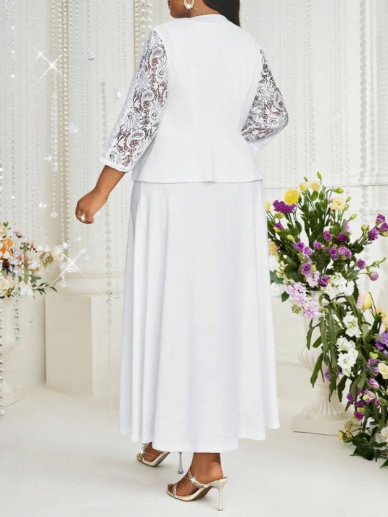 chinese dress ladies Floral Lace Dress with Sheer Chiffon Jacket & Pearl Neckline