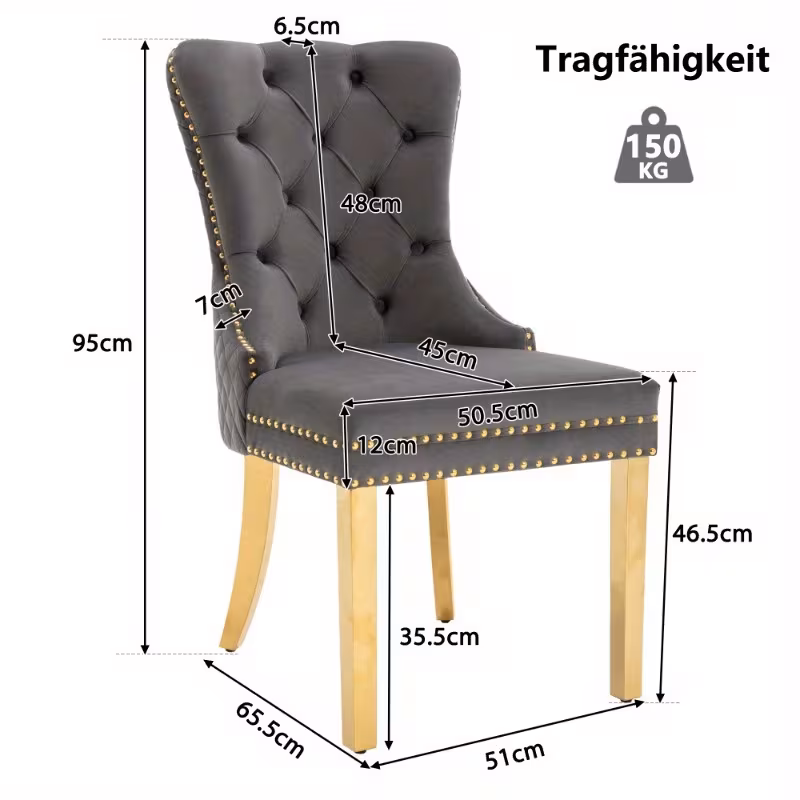 round back dining chair with golden stainless steel legs velvet gray upholstery trim set of 6 for room 9
