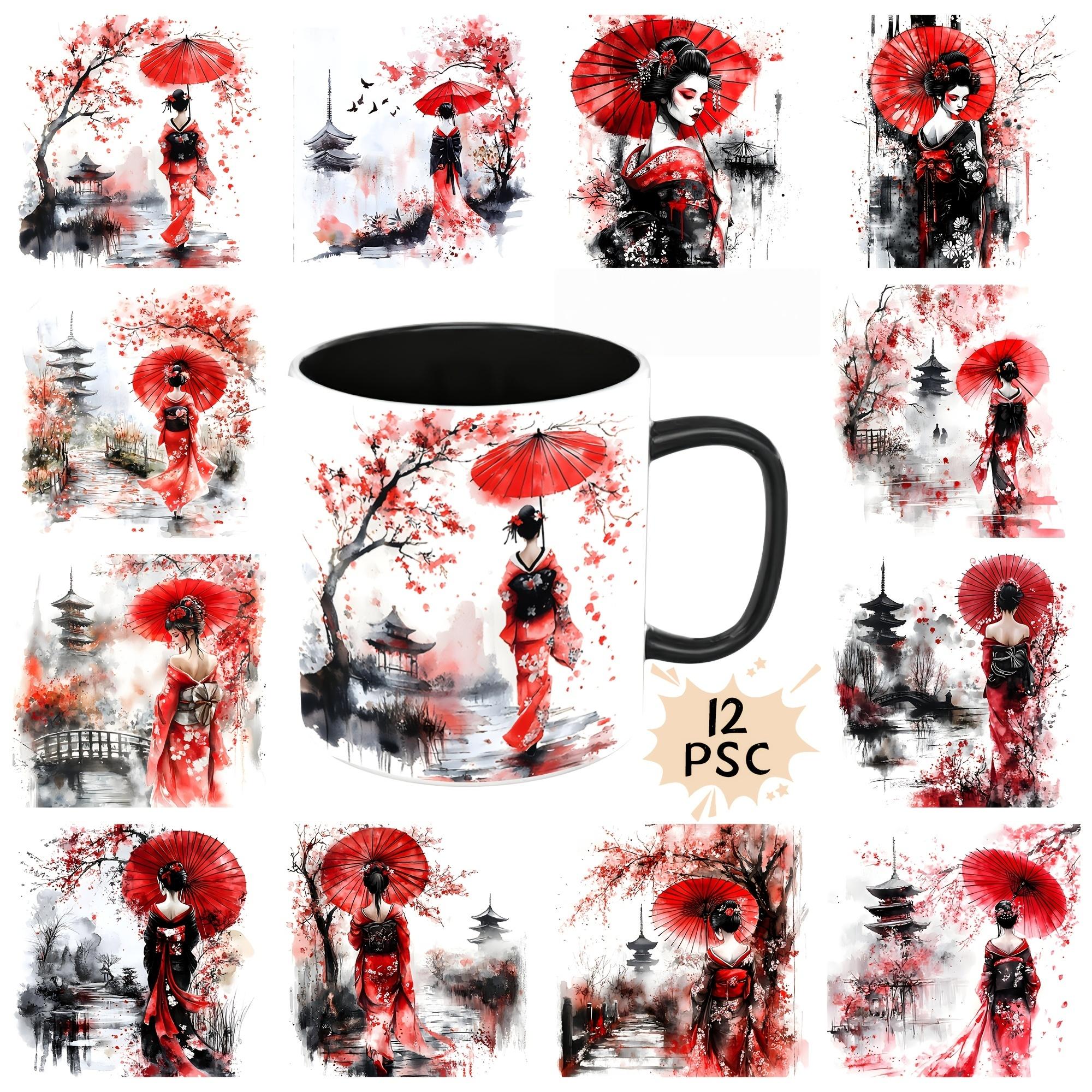 TEMU Lot de 12 papiers de transfert décoratifs corps de tasse beige Geisha japonaise à soi-, transfert UV DTF haute , papier de transfert décoratif