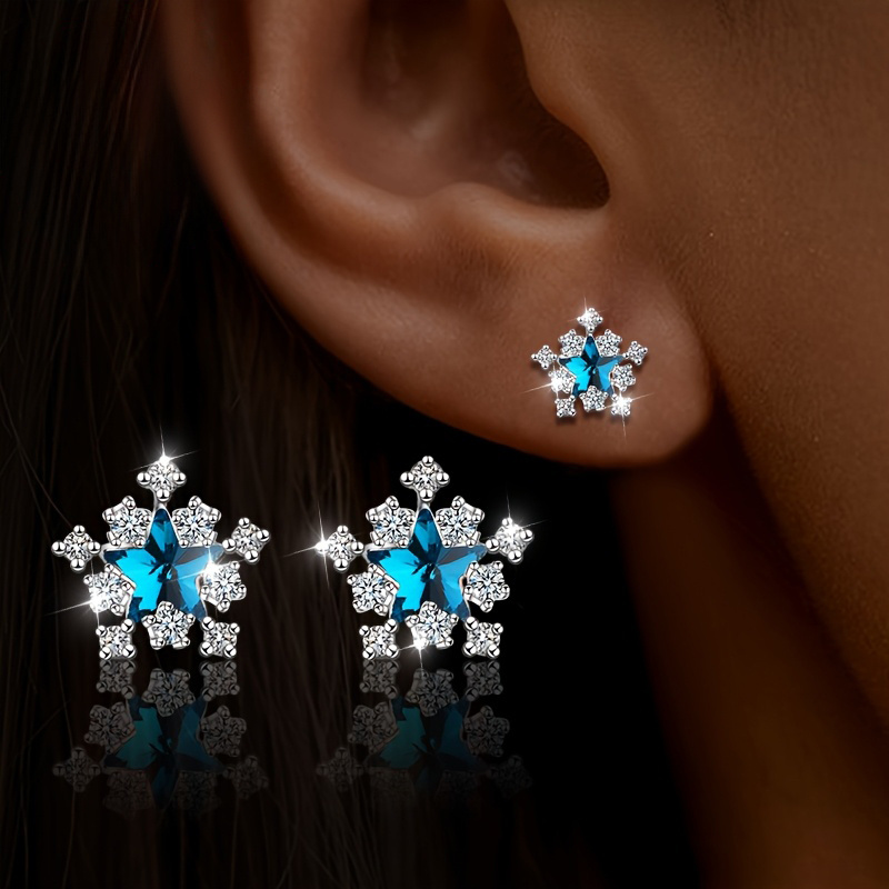 TEMU Elegant Snowflake Stud Earrings For Women Silvery Tone Cut Cubic Zirconia White Cz Halo Daily Parties Winter Christmas Jewelry Gift