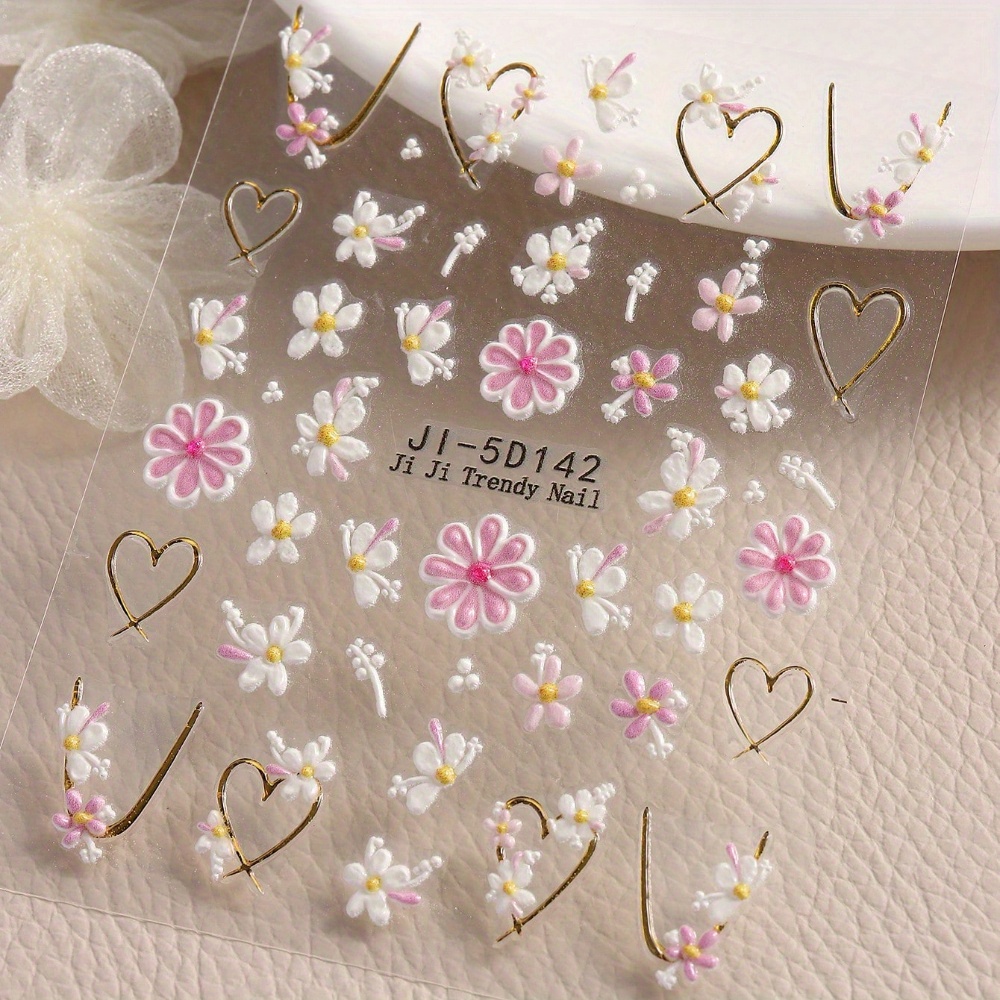5d Raised Floral Nail Stickers With And Golden Outline, Heart Decals For Nail Jewelry, Nail Art Adornment