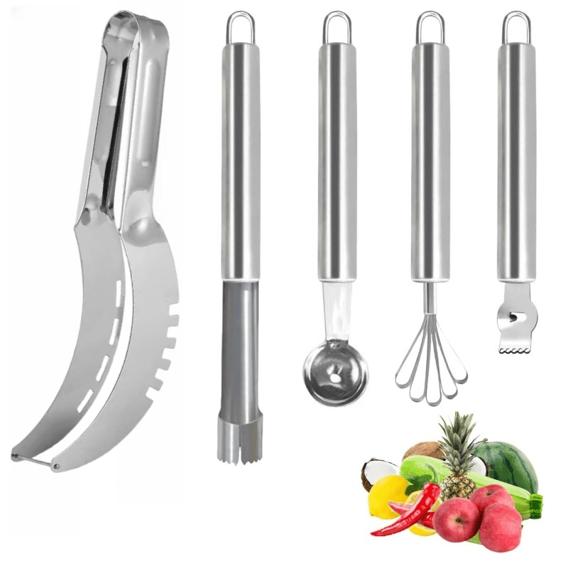 5pcs Stainless Steel Corer, Fruit And Vegetable Corer, Watermelon Slicer, , Melon Ball, Coconut Scraper, Lemon Slicer, Multifunctional Fruit Tool