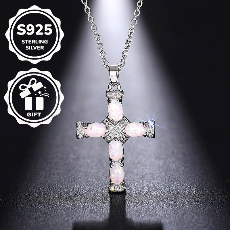 Women's S925 Silver Classic Cross Pendant Necklace with Synthetic Opal