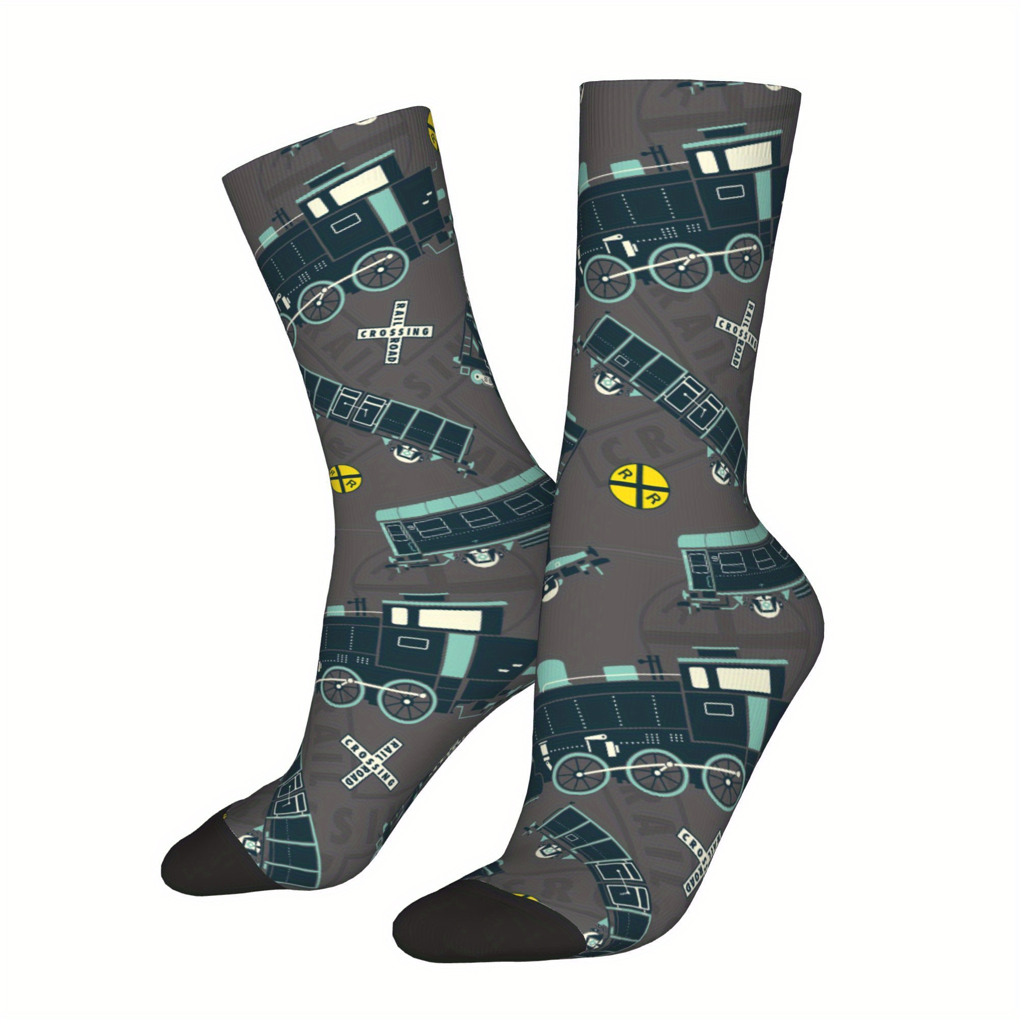 

1 Pair Men's Comfortable Polyester Crew Socks With Train Print - , Breathable Fabric For Casual Attire, Hand Wash Recommended, Cute Socks