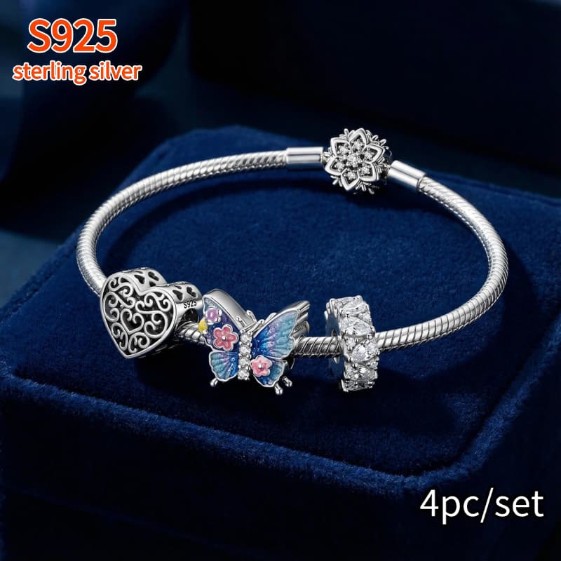 Image of 4 Hollow Heart-shaped Charm Beads Made Of 925 Sterling Silver With Zirconia, Perfect For Women's Fashion Bracelets And Necklaces, Ideal For Engagement Or Birthday Gifts