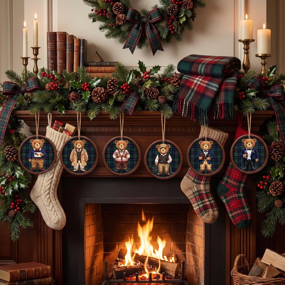 TEMU 8pcs Pcs Christmas Bear Ornaments Suitable For Xmas Tree & Decor - 3.5in Vintage Tartan Plaid With Scottish Plaid Patterns, Artificial Wood